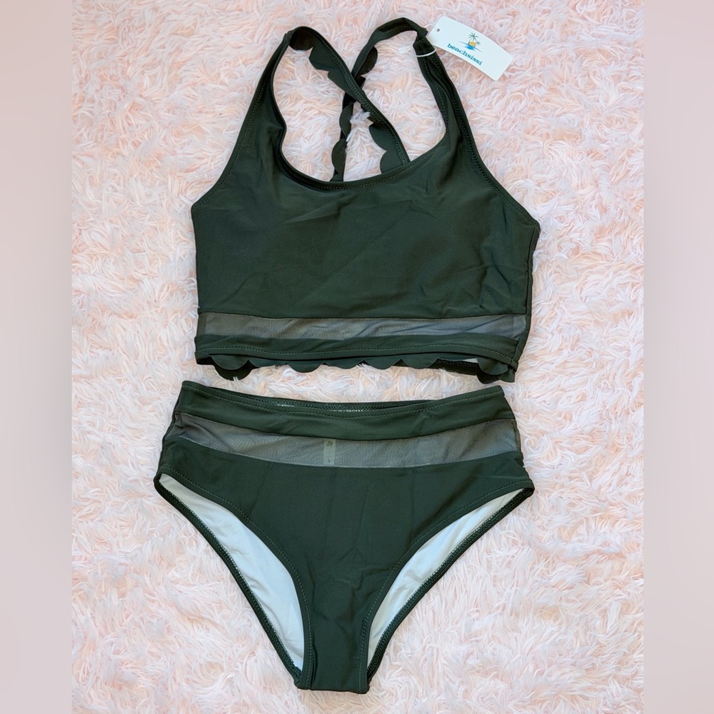 Women's Dark Green Mesh-Trim Bikini Set